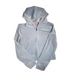 Juicy Couture Velour Frosted 2000s Crop Zip Hoodie XL Blue Rhinestone Logo Y2K